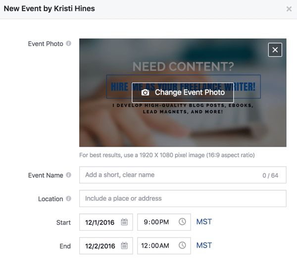 Completați aceste detalii pentru a crea un eveniment Facebook.