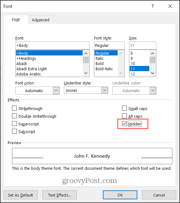 Bifați caseta pentru text ascuns în Microsoft Word pe Windows