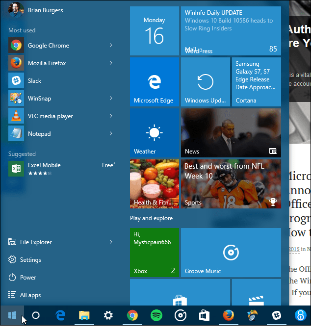 Windows 10 Porniți trei coloane