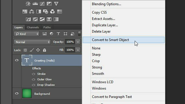 Trucuri Photoshop straturi de text Transformări Strat de efect efect de strat dezactivat panouri straturi Photoshop converti la obiect inteligent