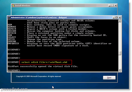 Windows 7 Native VHD Instalare Dual Boot Selectează VHD din Prompt CMD