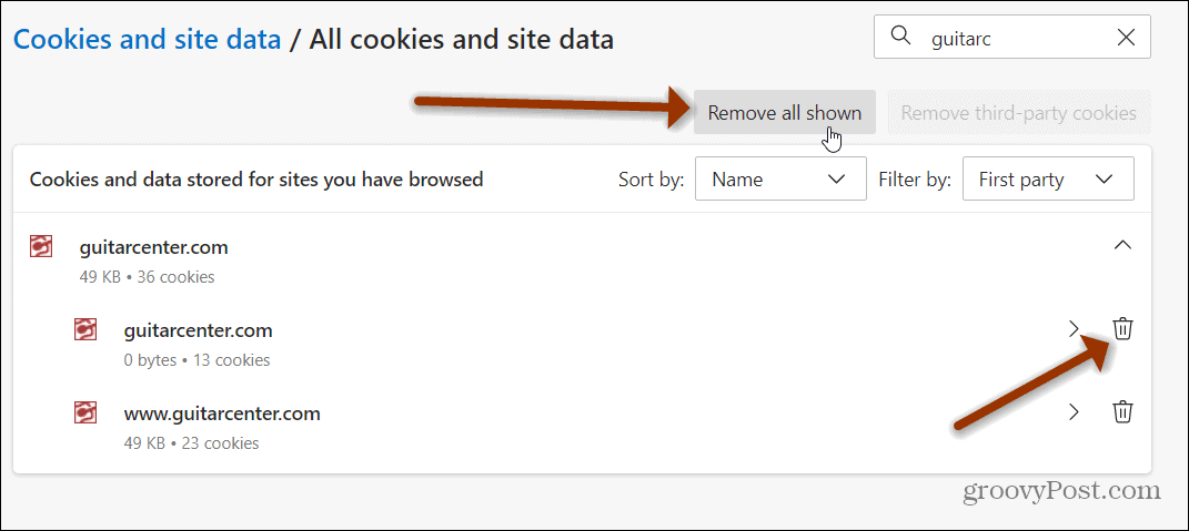 eliminați toate cookie-urile afișate la margine