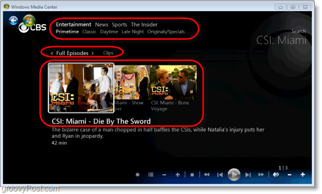 Windows 7 Media Center - multe opțiuni disponibile pe pagina de spectacol