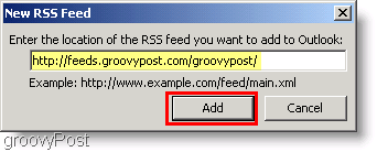 Screenshot Microsoft Outlook 2007 - Introduceți un nou flux RSS