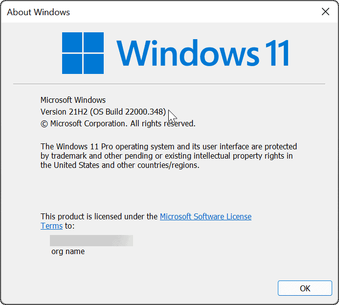 Versiune și construiește Windows 11 prin comanda winver
