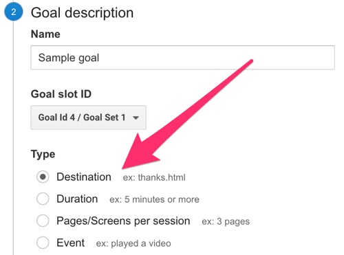 selectați destinația ca tip de obiectiv în Google Analytics