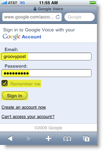 Pagina de conectare Google Voice Mobile