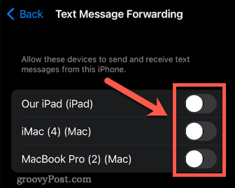 redirecționarea mesajelor iPhone dezactivată