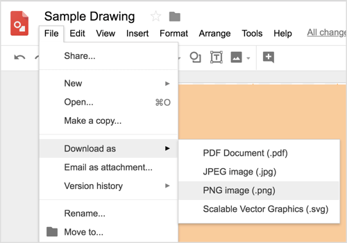 Alegeți Fișier> Descărcați ca> Imagine PNG (.png) pentru a descărca designul dvs. Google Drawings.