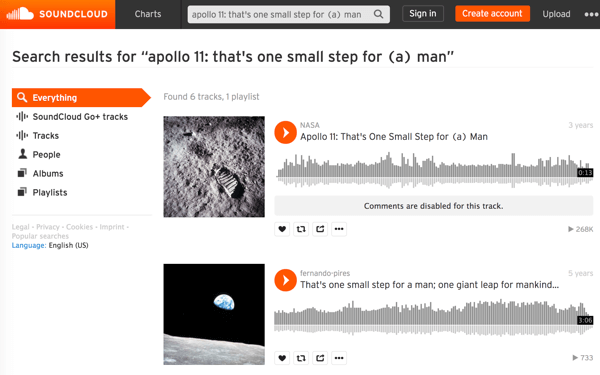 Căutați fișierele media ale NASA pe SoundCloud pentru a găsi și descărca sunetul momentelor istorice iconice, cum ar fi prima plimbare pe Lună.