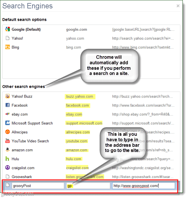 chrome generează automat alte motoare de căutare, dar vă puteți introduce propriul dvs.