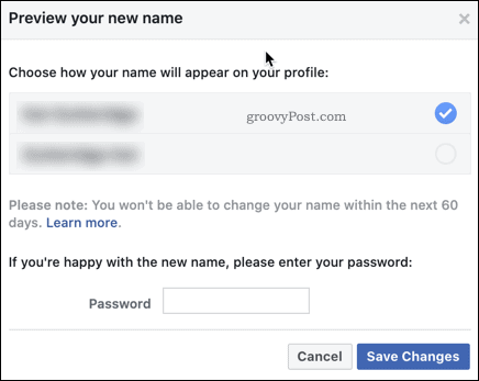 Confirmarea unei modificări de nume Facebook