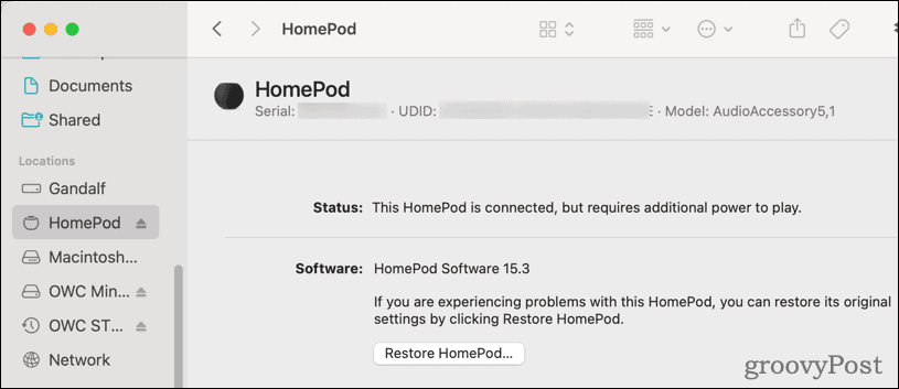 Restaurați HomePod din macOS