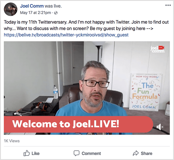 Joel Comm apare într-un videoclip live din biroul său. Pereții sunt goi și albi, iar un afiș care arată coperta The Fun Formula se sprijină de un perete în fundal. Joel poartă un tricou albastru și ochelari. O legendă cu treimea inferioară spune Welcome to Joel. TRĂI!