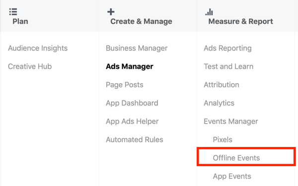 Opțiunea de a selecta Evenimente offline în Măsurare și raportare în Facebook Ads Manager.