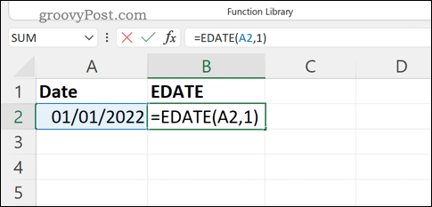 Introducerea unei formule EDATE în bara de formule din Excel