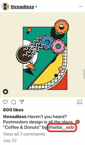 postare instagram de @threadless care arată o mențiune @ seba-sebi în legenda postării