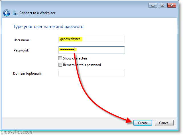 tastați numele de utilizator și parola și apoi creați conexiunea în Windows 7