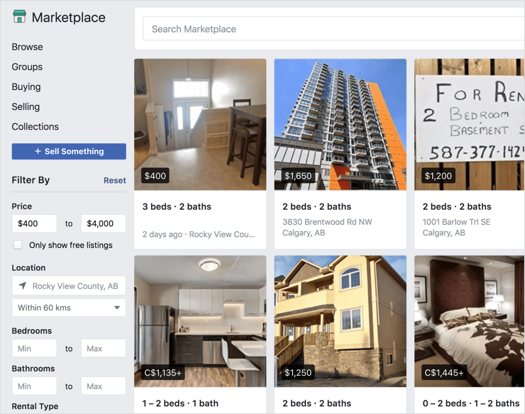 Facebook Marketplace oferă proprietăți de închiriere de vânzare.