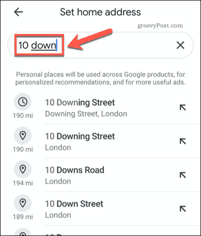 Căutarea unei adrese de domiciliu în Google Maps mobil