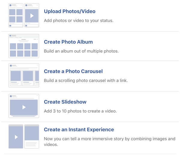 Exemplu de opțiuni pentru postarea de imagini și videoclipuri pe Facebook.