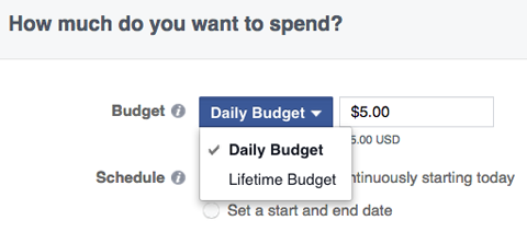 opțiuni de buget pentru reclame Facebook