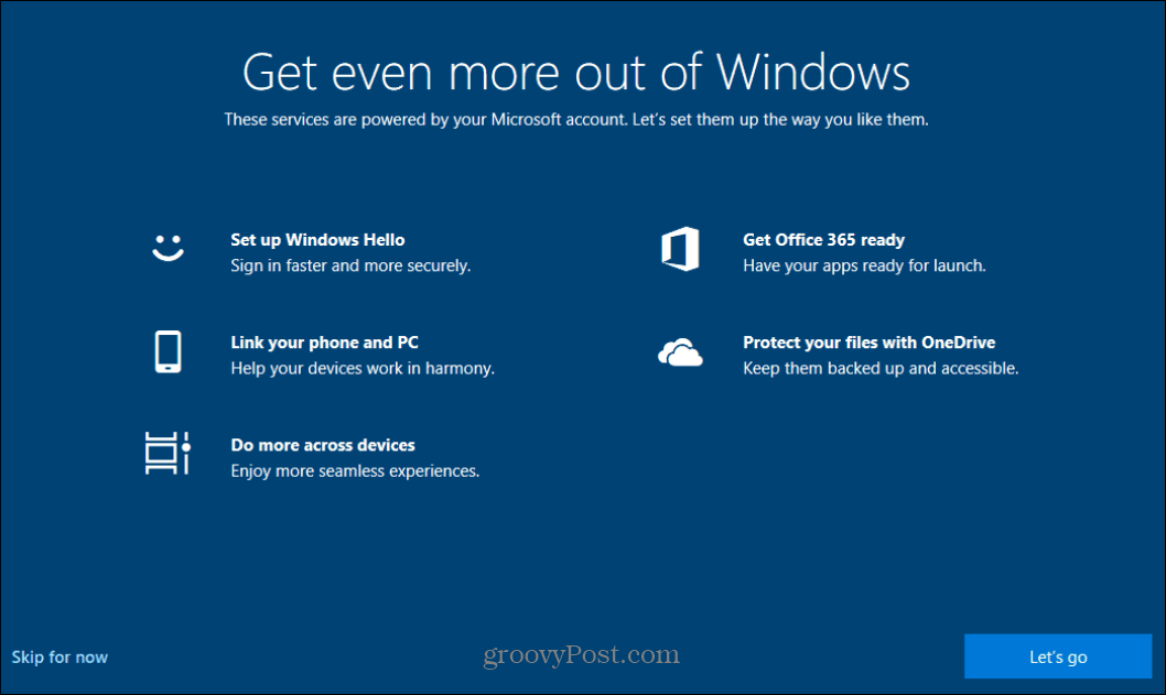 Dezactivați ecranul Splash „Obțineți și mai mult din Windows” pe Windows 10
