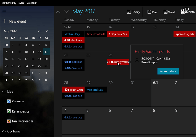 Aplicația Windows 10 Calendar