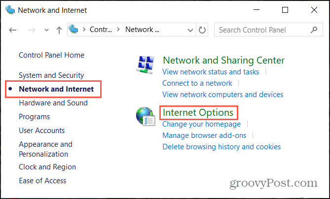 Opțiuni Internet de rețea în Panoul de control Windows