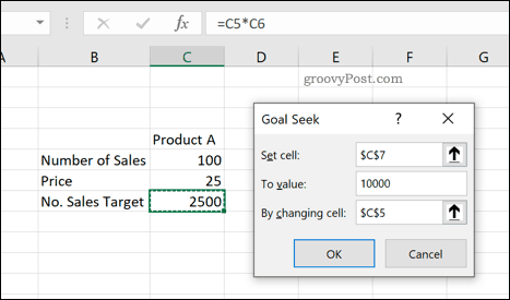 Instrumentul de căutare a obiectivelor Excel