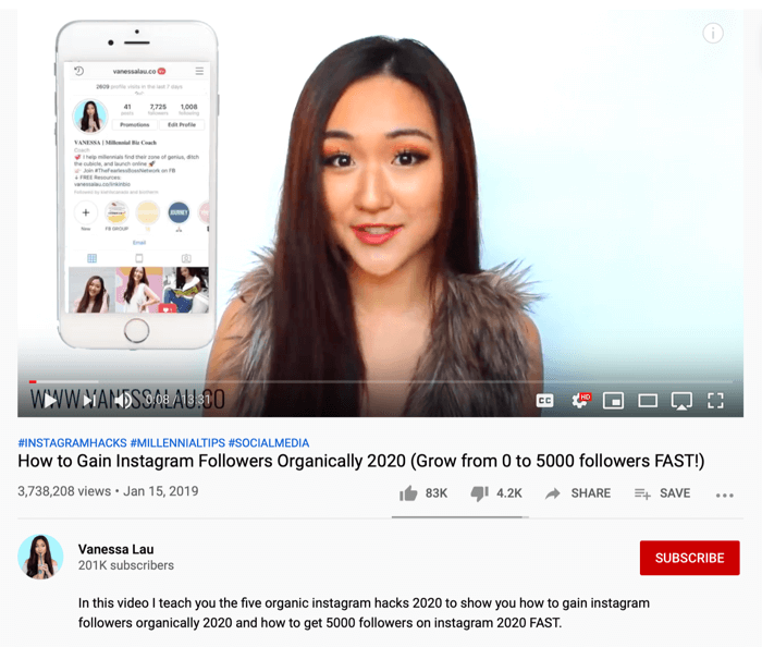 Video Vanessa Lau pe YouTube despre hacks organici Instagram