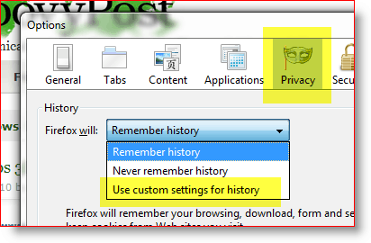 Firefox - utilizați setări personalizate pentru istoric