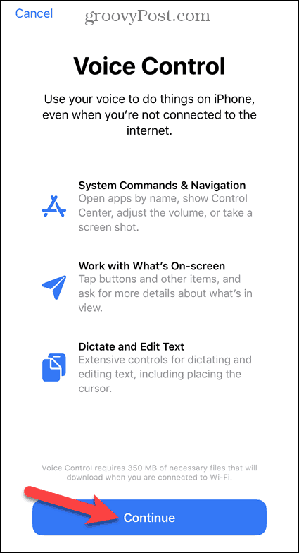 Atingeți Continuare pe ecranul iPhone Voice Control