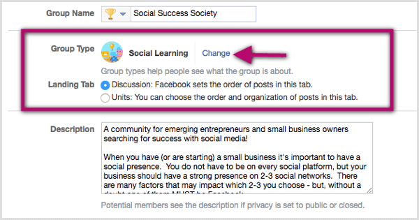 Faceți clic pe linkul Schimbare de lângă clasificarea tipului de grup existent și selectați Învățare socială.