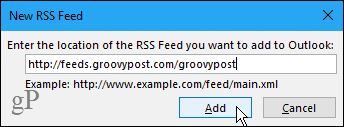 Noua casetă de dialog RSS Feed din Outlook