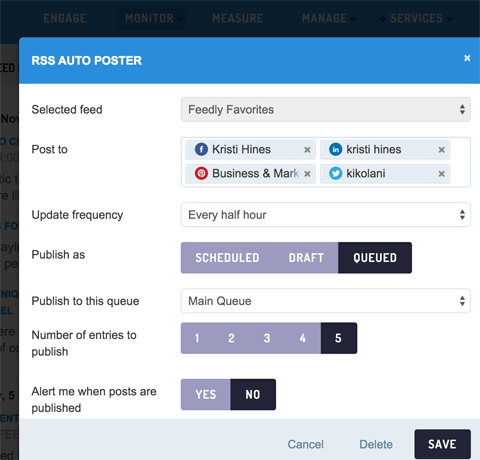configurați postarea automată pentru fluxul RSS personalizat în sendible