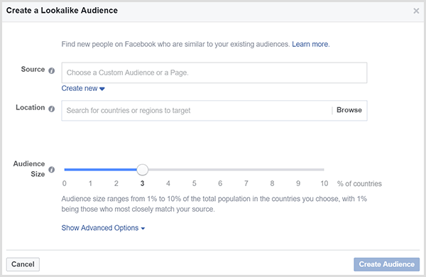 Caseta de dialog Facebook Create a Lookalike Audience are un glisor pentru dimensiunea publicului.