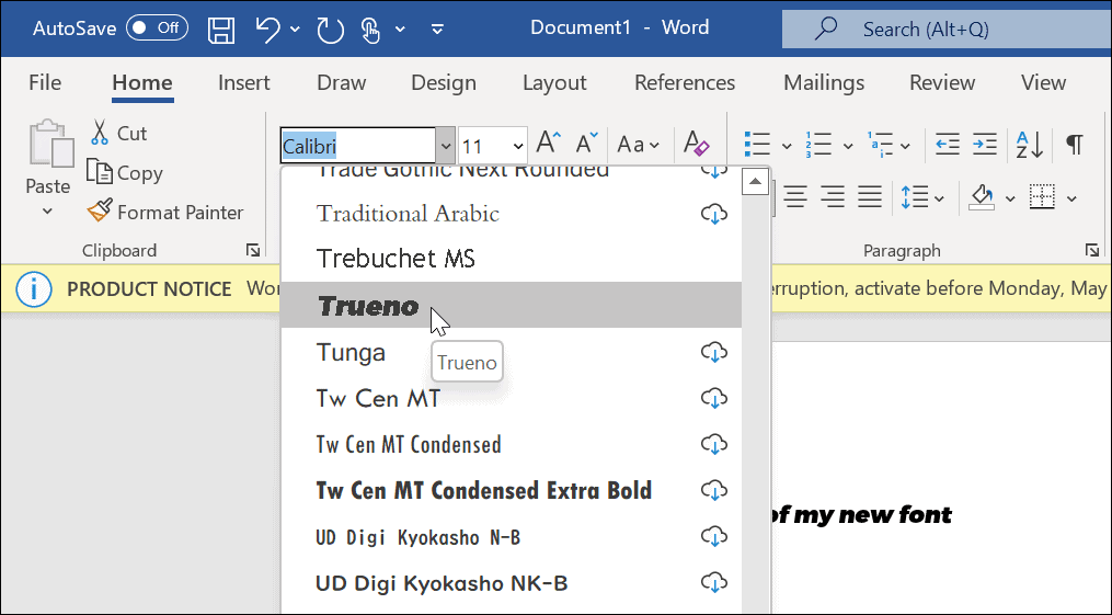 Font nou în Microsoft Word