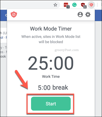 Pornirea cronometrului BlockSite Work Mode