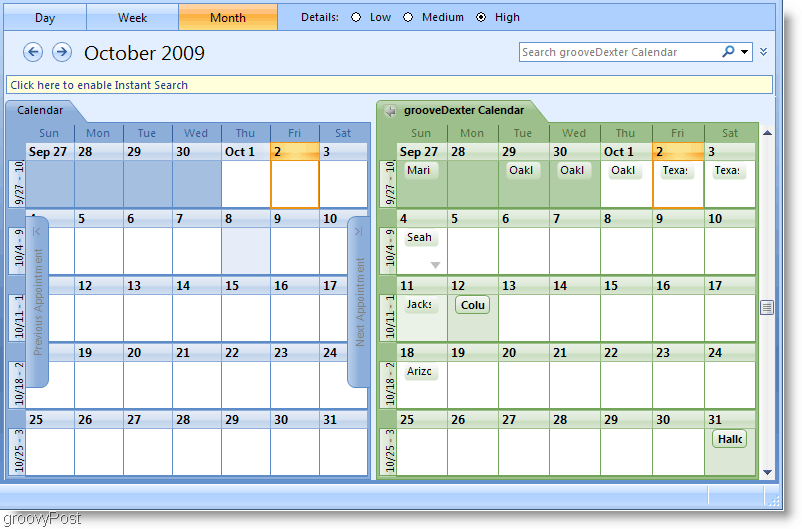 Captura de ecran a calendarului Outlook 2007