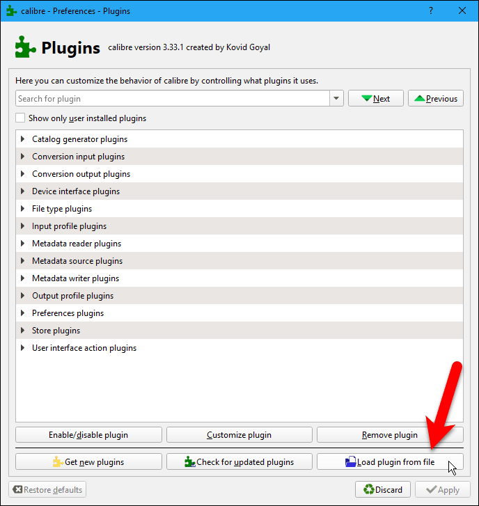Faceți clic pe Încărcare plugin din fișier în caseta de dialog Plugin-uri din Calibru