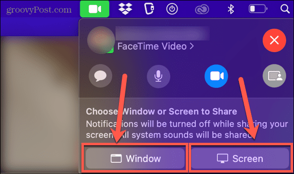 fereastra Facetime sau partajarea ecranului