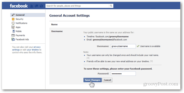 setările contului general Facebook preferințele gestionează numele de utilizator utilizator parola generală salvează modificările confirmă