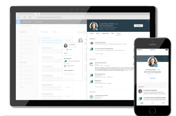 LinkedIn și Microsoft aduc informații personalizate LinkedIn direct în experiența dvs. Microsoft Office 365 prin integrarea cardurilor de profil LinkedIn și Microsoft Office.