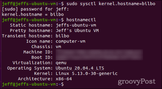 setați un nume de gazdă tranzitoriu cu sysctl