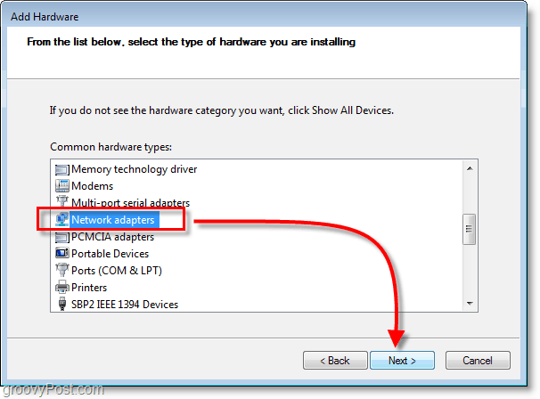 Screenshot de rețea Windows 7 - selectați adaptoare de rețea