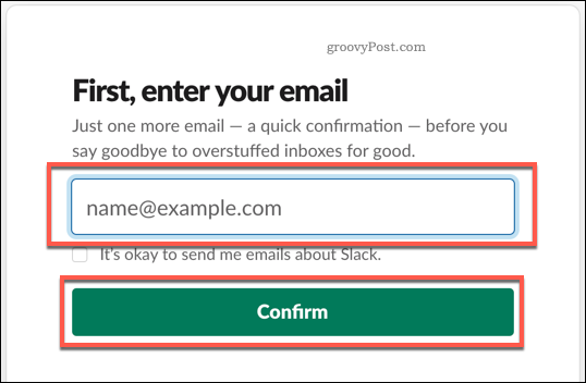 Furnizarea unui e-mail pentru a crea un cont Slack
