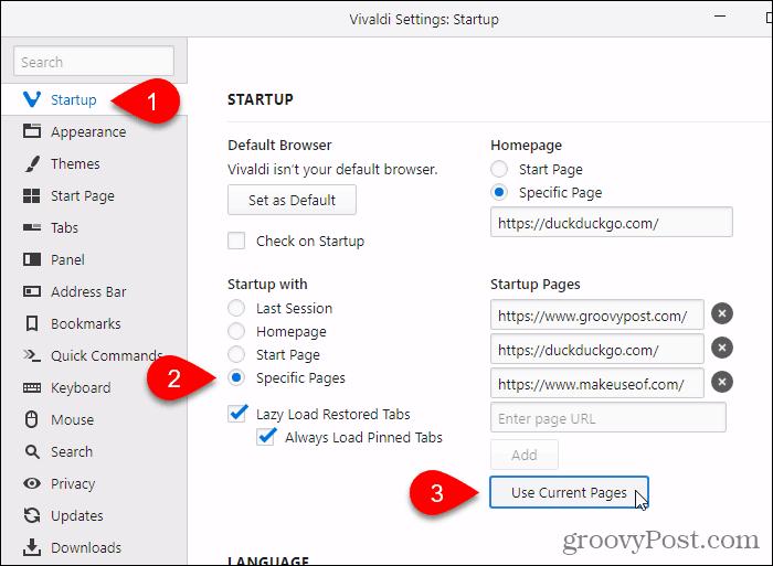 Faceți clic pe Utilizare pagini curente în Vivaldi