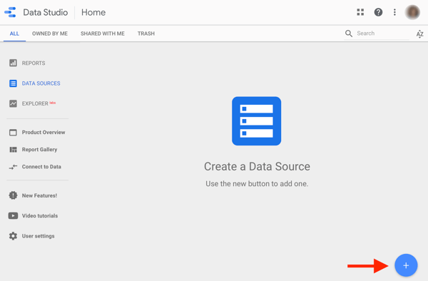 Utilizați Google Data Studio pentru a analiza anunțurile dvs. Facebook, pasul 1, opțiune pentru a crea o sursă de date în Google Data Studio