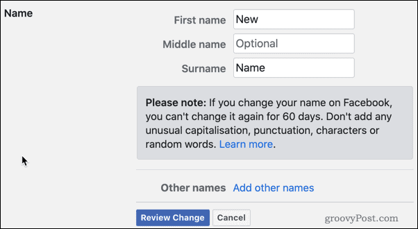 Verificați modificările de nume Facebook